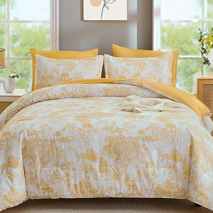 DJY Queen Size Comforter Sets, Yellow Botanical Comforters with Sheets 7 Pieces Bed in a Bag Queen Elegant Plants Print Soft Microfiber Reversible Complete Bedding Sets for All Season