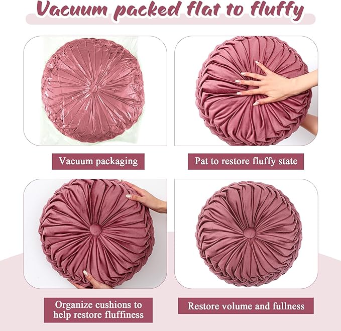1 Pcs Round Throw Pillows Decorative Velvet Pleated Throw Pillows 15'' Diameter Accent Pumpkin Boho Chair Cushion for Couch Sofa Chair Bed Home Decoration (Dusty Rose)