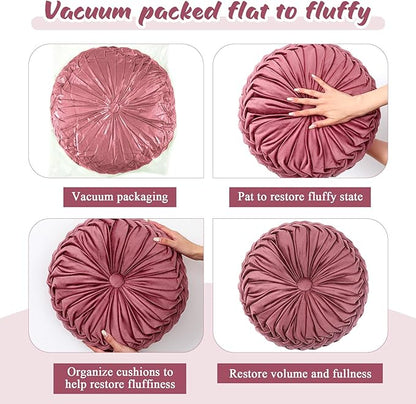 1 Pcs Round Throw Pillows Decorative Velvet Pleated Throw Pillows 15'' Diameter Accent Pumpkin Boho Chair Cushion for Couch Sofa Chair Bed Home Decoration (Dusty Rose)