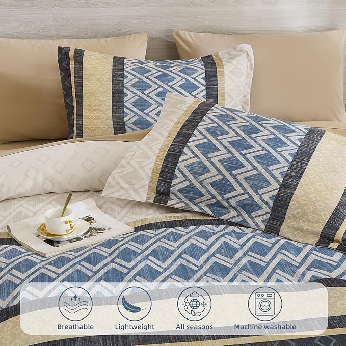 Cottolester Boho Comforter Set Queen Size,Grey Blue Striped Bed in a Bag,Plaid Comforter and Sheet Set,Soft Microfiber Complete Bedding Sets