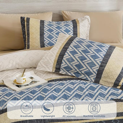 Cottolester Boho Comforter Set Queen Size,Grey Blue Striped Bed in a Bag,Plaid Comforter and Sheet Set,Soft Microfiber Complete Bedding Sets