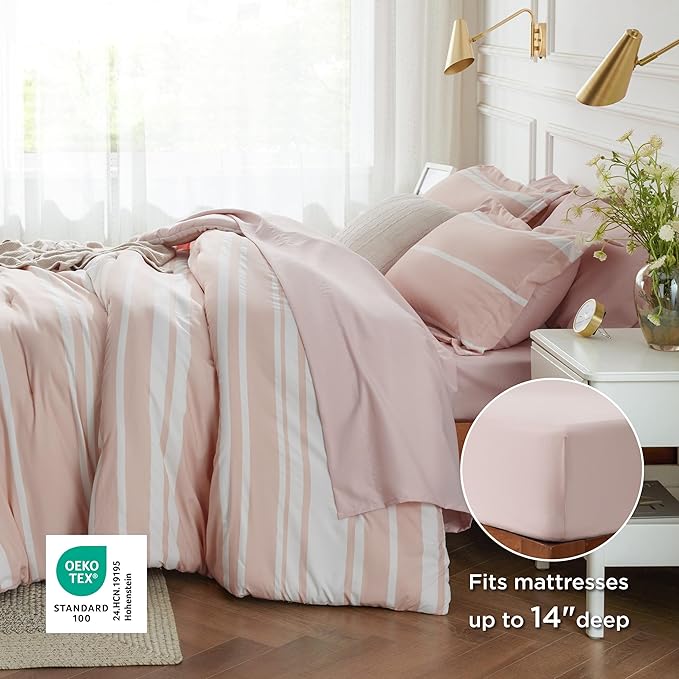 Bedsure Queen Comforter Set 7 Pieces, Light Pink Striped Bedding Set for All Seasons, Reversible, Cationic Dyeing Bed in a Bag with Comforter, Sheets, Pillowcases & Shams
