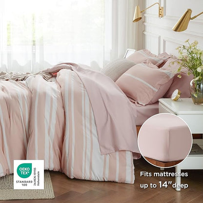 Bedsure Queen Comforter Set 7 Pieces, Light Pink Striped Bedding Set for All Seasons, Reversible, Cationic Dyeing Bed in a Bag with Comforter, Sheets, Pillowcases & Shams