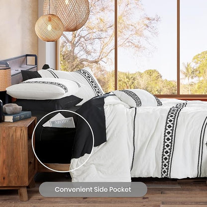 MaiRêve Embroidery Comforter Set King Size 7 Pieces, Boho Farmhouse Western Bedding All Season Bed in A Bag, White Black King Comforter Set with Sheets, Pillowcases & Shams