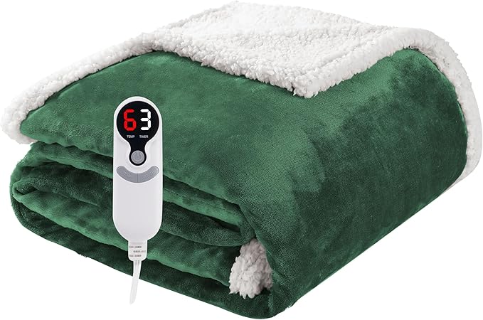Electric Heated Blanket Throw Size 50"x60", Soft Flannel with Overheat Protection, 9 Adjustable Heat Settings & 10-Hour Auto-Off Timer, Fast Heating for Winter Comfort, Dark Green