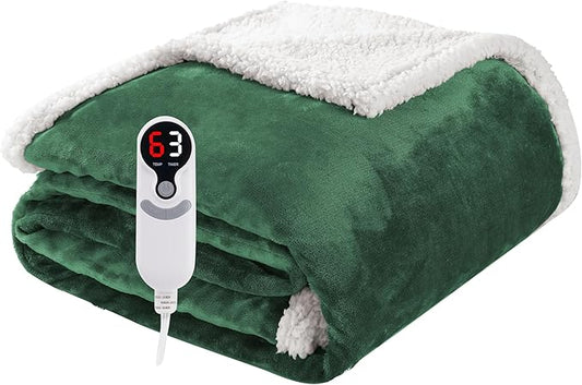 Electric Heated Blanket Throw Size 50"x60", Soft Flannel with Overheat Protection, 9 Adjustable Heat Settings & 10-Hour Auto-Off Timer, Fast Heating for Winter Comfort, Dark Green