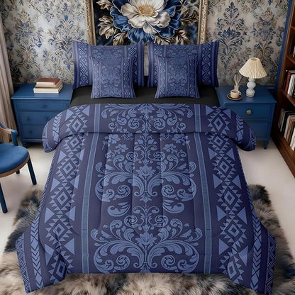Comforter Set Full Size, Blue Damask Aztec 7 Pcs Bedding for Kids and Adults, Antique Decor Western Baroque Gothic Floral Bed Sheet Sets with Fitted Sheet 2 Pillowcases & 2 Shams for Bedroom Bed Decor