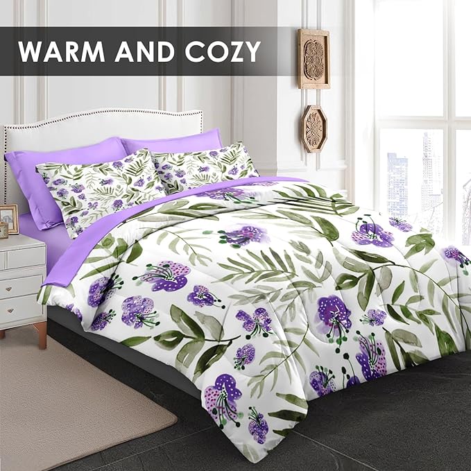 Comforter Set Queen Size, Floral Purple Sage Green 7 Pcs Bedding for Kids and Adults, Botanical Leaf Flower Bed Sheet Sets with Fitted Sheet 2 Pillowcases & 2 Shams for Bedroom Bed Decor