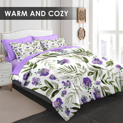 Comforter Set Queen Size, Floral Purple Sage Green 7 Pcs Bedding for Kids and Adults, Botanical Leaf Flower Bed Sheet Sets with Fitted Sheet 2 Pillowcases & 2 Shams for Bedroom Bed Decor