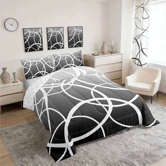 Modern Geometric Circle King Size Comforter Set,Gray Gradient Watercolor Decor All Season Bedding Set for Girls,Teens Abstract Stripes Comforter,Simplicity Art Decor Quilt Set Bedroom Collection 3Pcs