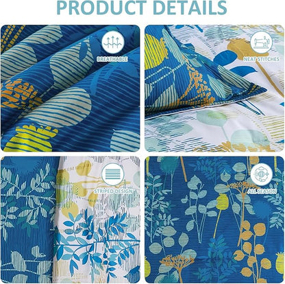 Anibedding 7Pieces King Size Comforter Set, Blue Yellow Botanical Bed in a Bag Complete Set with Sheet Pillowcase for Bedroom All Season