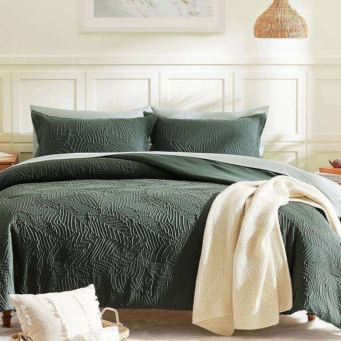 Geniospin Twin Comforter Set - 5 Pieces Dark Green Bedding Set, Botanical Textured Comforter Bed Set, All Season Lightweight Bed in a Bag with Comforter, Sheets, Pillowcases & Shams