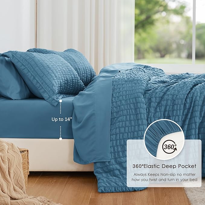 Love's cabin Seersucker Misty Blue King Size Comforter Set, 7-Piece All Season Lightweight Bed in a Bag Bedding Set with Comforter, Flat Sheet, Fitted Sheet, Pillowcases and Shams | Soft, Breathable, Lightweight