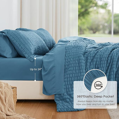 Love's cabin Seersucker Misty Blue King Size Comforter Set, 7-Piece All Season Lightweight Bed in a Bag Bedding Set with Comforter, Flat Sheet, Fitted Sheet, Pillowcases and Shams | Soft, Breathable, Lightweight