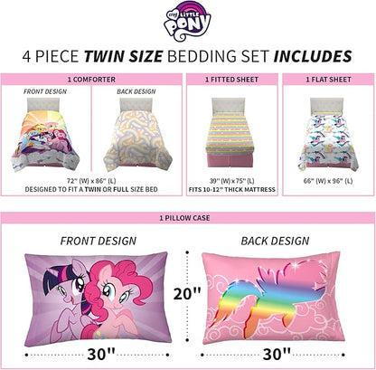 Franco Kids Bedding Super Soft Microfiber Comforter and Sheet Set, 4 Piece Twin Size, Unicorn My Little Pony