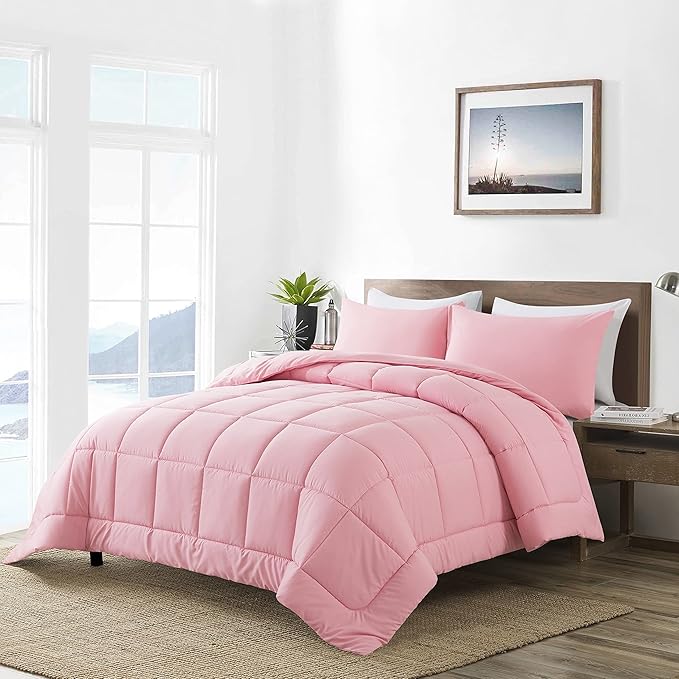DOWNCOOL Twin Comforter Set -All Season Bedding Comforters Sets with 1 Pillow Case -2 Pieces Bed Set Down Alternative Comforter Set -Pink Twin Bedding Sets(64"x88")