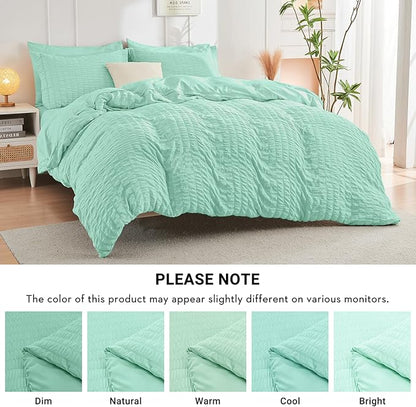 HYMOKEGE Mint Green Twin Comforter Set Seersucker 5 Pieces, All Season Luxury Bed in a Bag for Bedroom, Bedding Set with Comforter, Sheets, Pillowcase & Sham