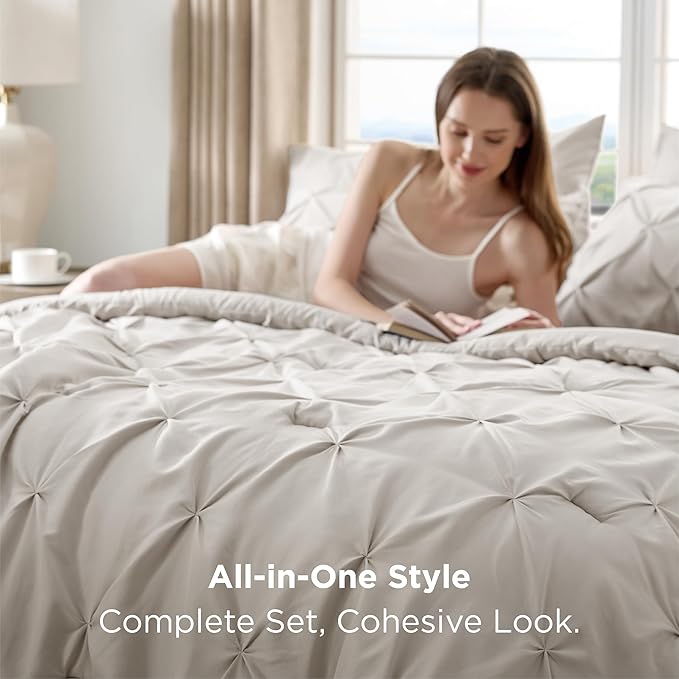Bedsure California King Comforter Set Linen - Bed in a Bag Cal King 7 Pieces, GentleSoft™ Pintuck Bed Set Gift for Family, Pinch Pleat All Season Comforter with Sheets, Pillowcases & Shams