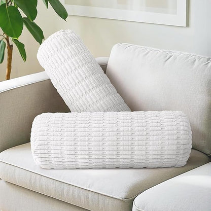 AELS Corduroy Striped Cylinder Pillows, 8" x 24" Decorative Bolster Pillows with Removable Washable Cover and Insert, Body Pillow for Couch and Bed, Living Room Bedroom Nursery Decor, White