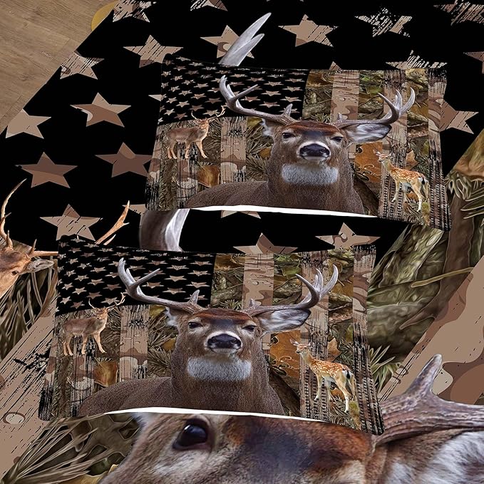 NINENINE Deer Bedding Set, Queen Size Comforter with American Flag, Camo Design for Boys, 3 Piece Set