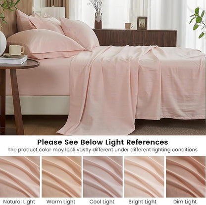 Simple&Opulence Belgian Linen Sheet Set Solid Color - 6 Pieces (1 Flat Sheet & 1 Fitted Sheet & 4 Pillowcases) 16" Deep Pocket Natural Flax Cotton Blended Soft Bedding - Pale Pink, Queen Size