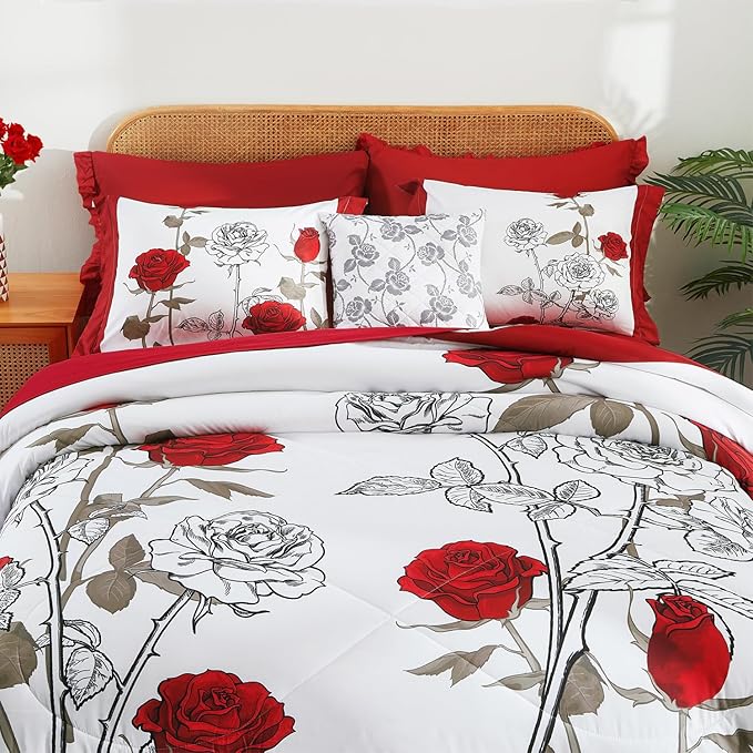 EVENHUG Queen Size Comforter Set 7 Pieces Red Rose Floral Bedding Sets for All Season Bed in a Bag with Flowers Comforter and Flat Sheet, Fitted Sheet, Pillowcases (90"x90")