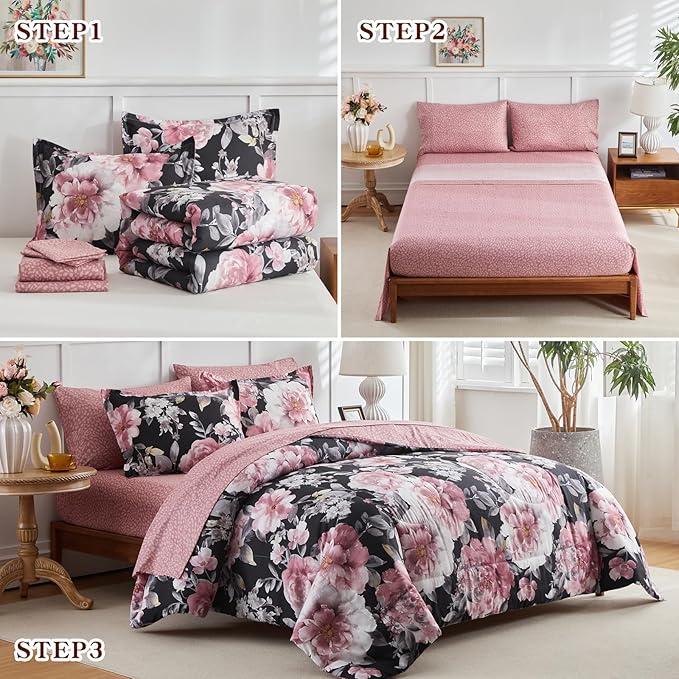 Joyreap 7 Piece Bed in a Bag Queen, Floral Comforter Sheet Set, Tie-dye Pink Flowers on Black Design, All Season Microfiber Bedding Comforter Set