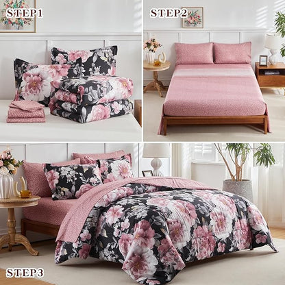 Joyreap 7 Piece Bed in a Bag Queen, Floral Comforter Sheet Set, Tie-dye Pink Flowers on Black Design, All Season Microfiber Bedding Comforter Set