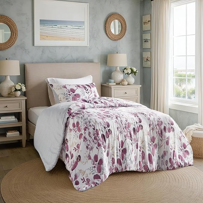 Lightweight Seersucker Botanical Comforter Set Twin Size, 2 Pieces Reversible Design with Striped Print, Premium Microfiber Bedding Set, Comforter and Sham Set, Plum/Grey
