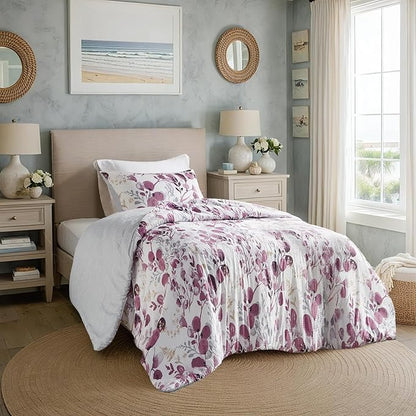 Lightweight Seersucker Botanical Comforter Set Twin Size, 2 Pieces Reversible Design with Striped Print, Premium Microfiber Bedding Set, Comforter and Sham Set, Plum/Grey