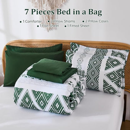 Luxudecor Green Comforter Set King Size 7 Pieces,Boho Aztec Comforter with Sheet Set,Geometric Striped Pattern Bed in a Bag,Soft Microfiber Bed Set 104"x90"