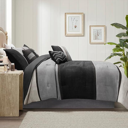 Madison Park Palisades Comforter Set Modern Faux Suede Pieced Stripe Design, All Season Down Alternative Cozy Bedding with Matching Shams, Decorative Pillows, Cal King(104"x92"), Black 7 Piece