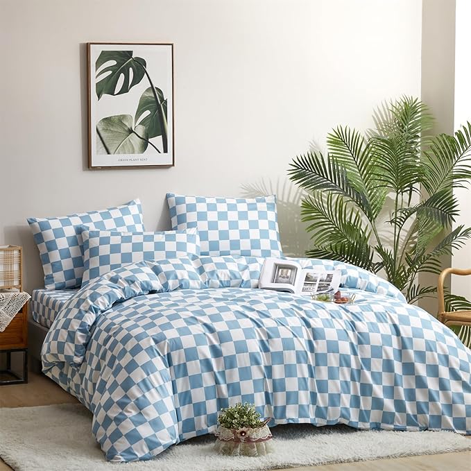 CLOTHKNOW Light Blue White Plaid Queen Comforter Set Grid Bedding Comforter Sets Soft Light Blue Comforter Checker Queen Size Comforter Sets
