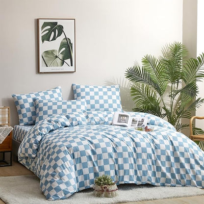 CLOTHKNOW Light Blue White Plaid Queen Comforter Set Grid Bedding Comforter Sets Soft Light Blue Comforter Checker Queen Size Comforter Sets