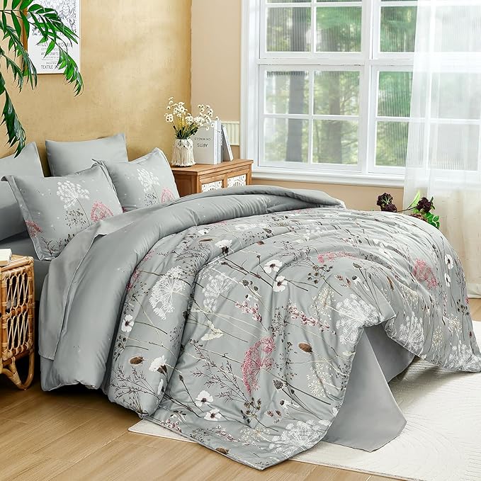 Yiran Grey Floral Comforter Set Queen Size, 7 Piece Spring Dandelion Plant Botanical Comforter Bedding Set, Bed in a Bag Queen, Soft Microfiber Complete Bedding Set with Sheets for All Season