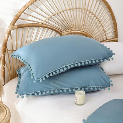 YIRDDEO Twin Comforter Set - Comforter Twin Size Bed with Ball Pom Fringe, Soft Bedding Set for All Seasons - 2 Pieces, 1 Comforter (66"x90") & 1 Pillow Sham(20"x26"), Dusty Blue