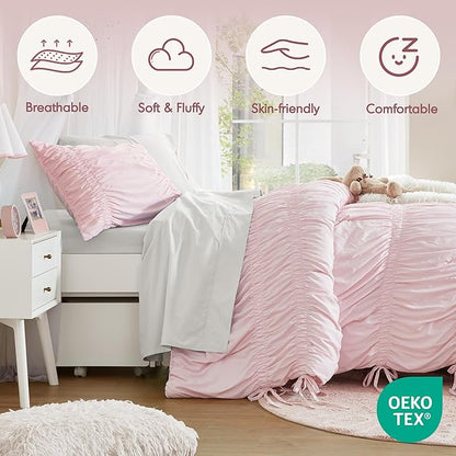 Intelligent Design Twin Comforter Set Ruched Shabby Chic Comforters for Twin Size Bed, All Season Lightweight Comforter Twin, French Country Bedding Set, Sham, Ella, Twin/Twin XL Pink, 2 Piece