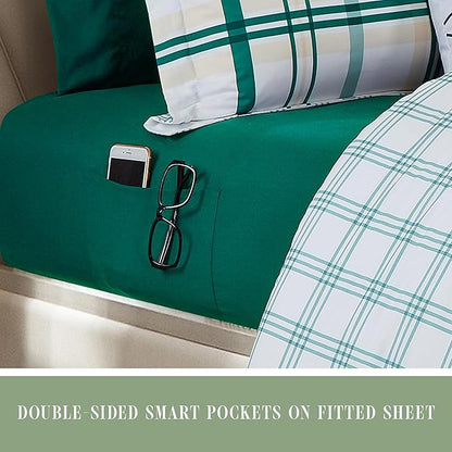 Elegant Comfort 8-Piece Lodge Plaid Reversible Comforter Set - All Season Bed in a Bag, 4-Piece Sheet Set Featuring Smart Pockets, Matching Shams and Decorative Pillow, Twin/Twin XL, Emerald Green