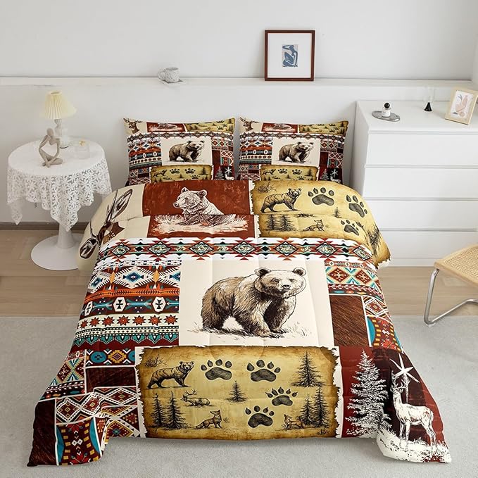 Erosebridal Rustic Cabin Comforter Set Boho Aztec Quilt,Woodland Animals Bear Moose Elk Deer Bedding Sets Twin,Tribal Geometric Diamond Duvet Insert Vintage Country Cottage Farmhouse Decor