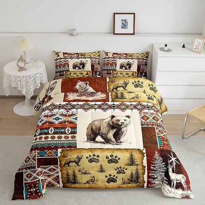 Erosebridal Rustic Cabin Comforter Set Boho Aztec Quilt,Woodland Animals Bear Moose Elk Deer Bedding Sets Twin,Tribal Geometric Diamond Duvet Insert Vintage Country Cottage Farmhouse Decor