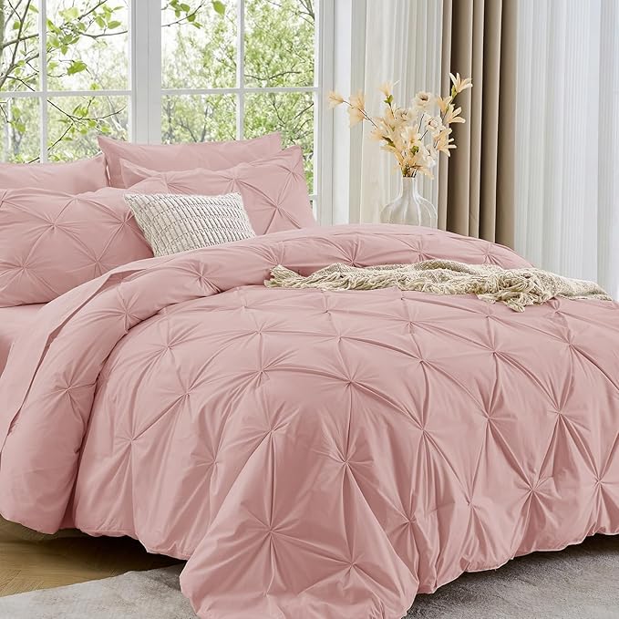 Sasttie Twin XL Comforter Set, 5-Piece Bed in a Bag, Pintuck Bedding Sets for All Season, Includes Comforter, Flat Sheet, Fitted Sheet, Pillowcase and Pillowsham, Rose Gold