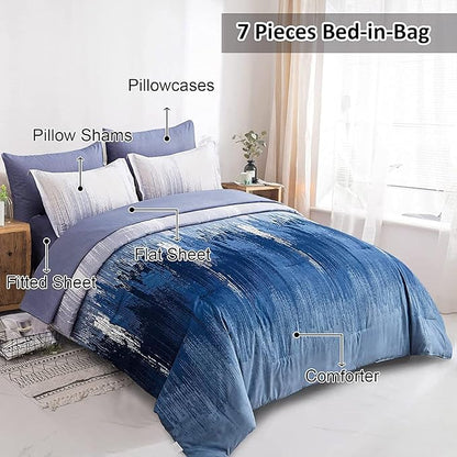 WONGS BEDDING Navy Blue Comforter Set Queen,7 Pieces Bed in a Bag Abstract Art Gradient Comforter Soft Microfiber Bedding Set with Comforter, Flat Sheet, Fitted Sheet, Pillow Shams,Pillowcases