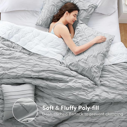 Comfort Spaces Comforter for King Size Bed, Ogee Ruched with Crinkle Texture, Breathable Comforter Set King, All Season Lightweight Bedding Set, Shams, Décor Pilow, King/Cal King Gray 4 Piece