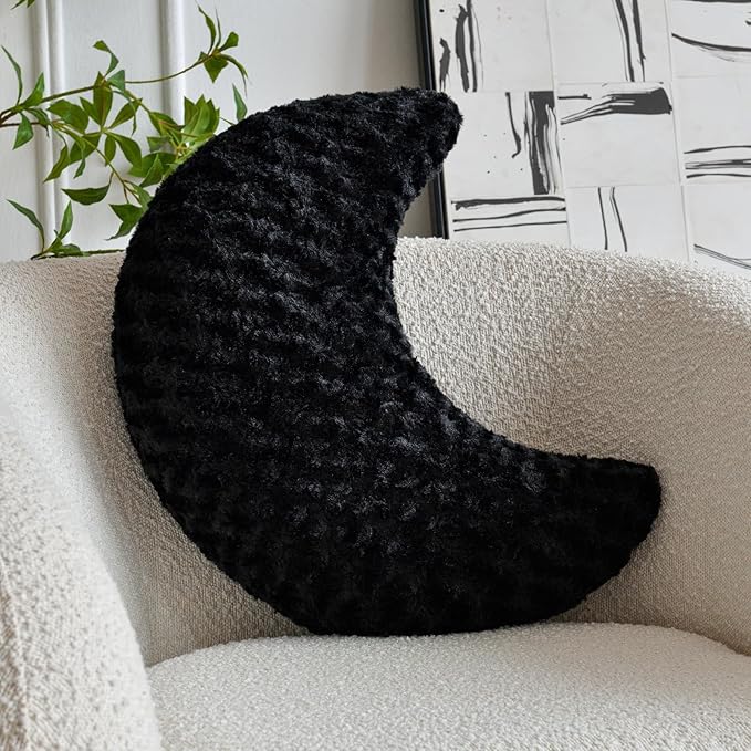 Moon Pillow, Moon Shaped Pillow with Soft Faux Fur for Couch Bed Sofa, Cute Half Moon Pillows with Room Decor for Bedroom Living Room (19 Inches, Black)