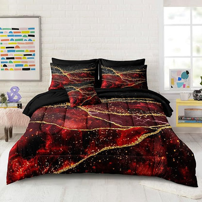 Gold Comforter Set 8 Pcs Red Bedding Set Full Size Bed in A Bag Red and Black Marble Stone Texture Abstract Room Decor