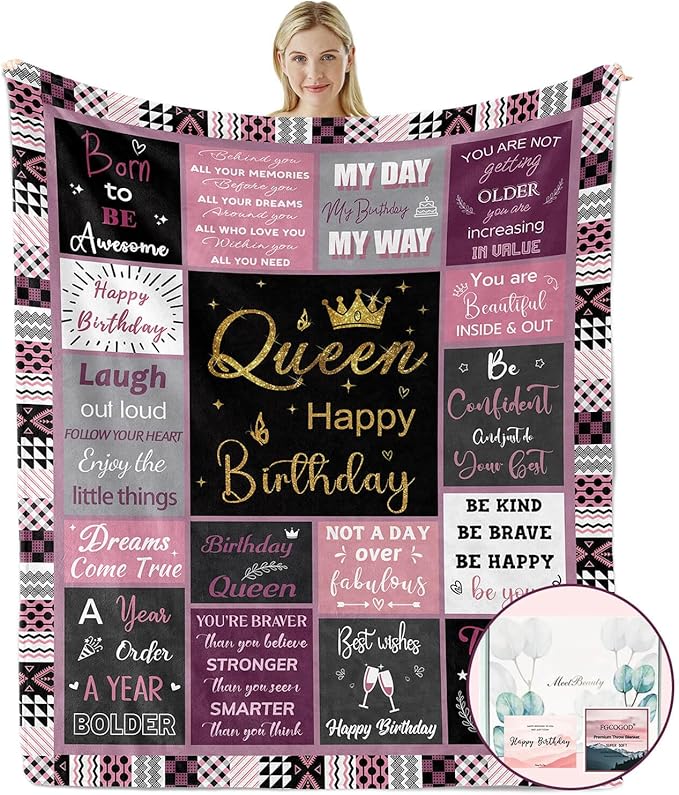 Queen Birthday Gifts for Women, Birthday Blanket with Gift Box for Women, Gifts for A Birthday, Happy Birthday Decorations Gift Ideas for Her, Birthday Gifts Throw Blanket 60"x50"