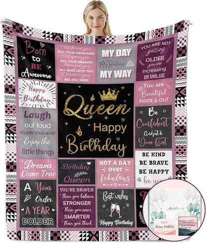 Queen Birthday Gifts for Women, Birthday Blanket with Gift Box for Women, Gifts for A Birthday, Happy Birthday Decorations Gift Ideas for Her, Birthday Gifts Throw Blanket 60"x50"