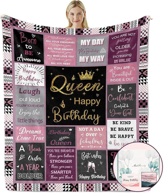 Queen Birthday Gifts for Women, Birthday Blanket with Gift Box for Women, Gifts for A Birthday, Happy Birthday Decorations Gift Ideas for Her, Birthday Gifts Throw Blanket 60"x50"