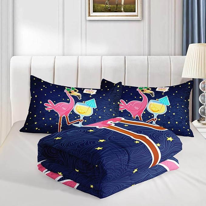 HOSIMA Flamingo Bedding Comforter Sets,Holiday Style Flamingo and Stars Printed Comforter for Women Home Decor,Twin Comforter Set for Girls Teens Women with 2 Pillowcases.