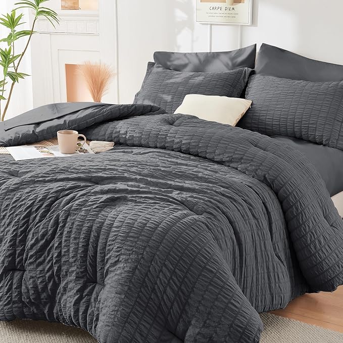 HYMOKEGE Twin XL Comforter Set Seersucker 5 Pieces, All Season Luxury Bed in a Bag for Bedroom, Bedding Set with Comforter, Sheet, Pillowcase & Sham, Dark Grey